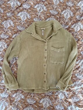 Free People Olive/Tan Waffle Button-Down Shirt